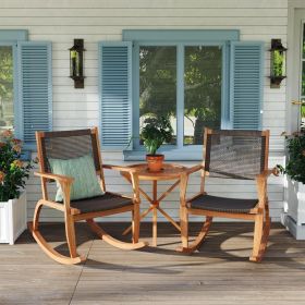 2 Pieces Patio Rocking Chair Set, Acacia Wood Outdoor Rockers with Wicker Rattan Seat & Backrest, Comfortable Garden Porch Chairs for Backyard