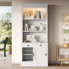 83.4"Tall Bookshelf with LED Lighting, Modern Bookcase with Sliding Doors and Open Shelves,Storage Bookshelf for Living Room,Home Office,White