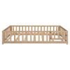 Full Size Floor Platform Bed with Fence and Door for Kids, Montessori Floor Bed Frame with Support Slats for Toddlers, Wooden Floor Bed Natural