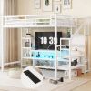 Full Size Metal Loft Bed with TV Cabinet, Metal Loft Bed with Staircase and Wardrobe, Kids Full Size Loft Bed, White (Expect Arrival Date 2025/3/22)