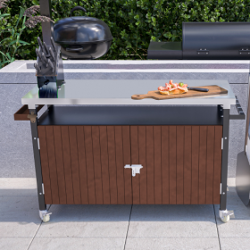 Outdoor Grill Cart With Stainless Steel Tabletop, Storage, Patio Kitchen Island With Wheels, Hooks, And Spice Rack, Waterproof Outdoor Grill Tabl (Color: Brown)