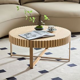 Modern Handcraft Drum Coffee Table 31.5 inch Round Coffee Table for Living Room,Small Coffee Table with Sturdy Pedestal (Material: MDF+Metal, Color: Natural Ash)