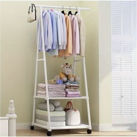 Stainless Steel Rolling Garment Rack with 2-Tier Shelves and 2 Hooks, Portable Metal and Plastic Clothes Organizer (White: 1 PC)