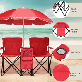 Portable Folding Picnic Double Chair with Umbrella, Table & Cooler – Beach Camping Chair, Red/Gray Palm Tree Design (Color: Red)
