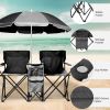 Portable Folding Picnic Double Chair with Umbrella, Table & Cooler – Beach Camping Chair, Red/Gray Palm Tree Design