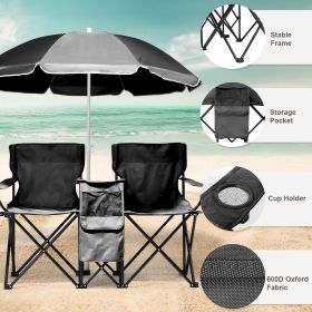Portable Folding Picnic Double Chair with Umbrella, Table & Cooler – Beach Camping Chair, Red/Gray Palm Tree Design (Color: Black)