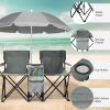 Portable Folding Picnic Double Chair with Umbrella, Table & Cooler – Beach Camping Chair, Red/Gray Palm Tree Design
