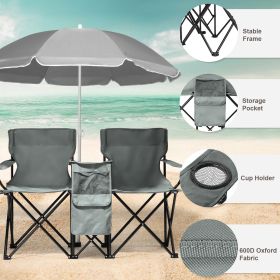 Portable Folding Picnic Double Chair with Umbrella, Table & Cooler – Beach Camping Chair, Red/Gray Palm Tree Design (Color: Gray)