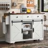 53.7" Farmhouse Kitchen Island with Power Outlet, 2 Sliding Barn Door Kitchen Storage Island with Drop Leaf, Spice Rack Rolling Kitchen Cart on Wheels