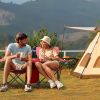 Portable Folding Picnic Double Chair with Umbrella, Table & Cooler – Beach Camping Chair, Red/Gray Palm Tree Design